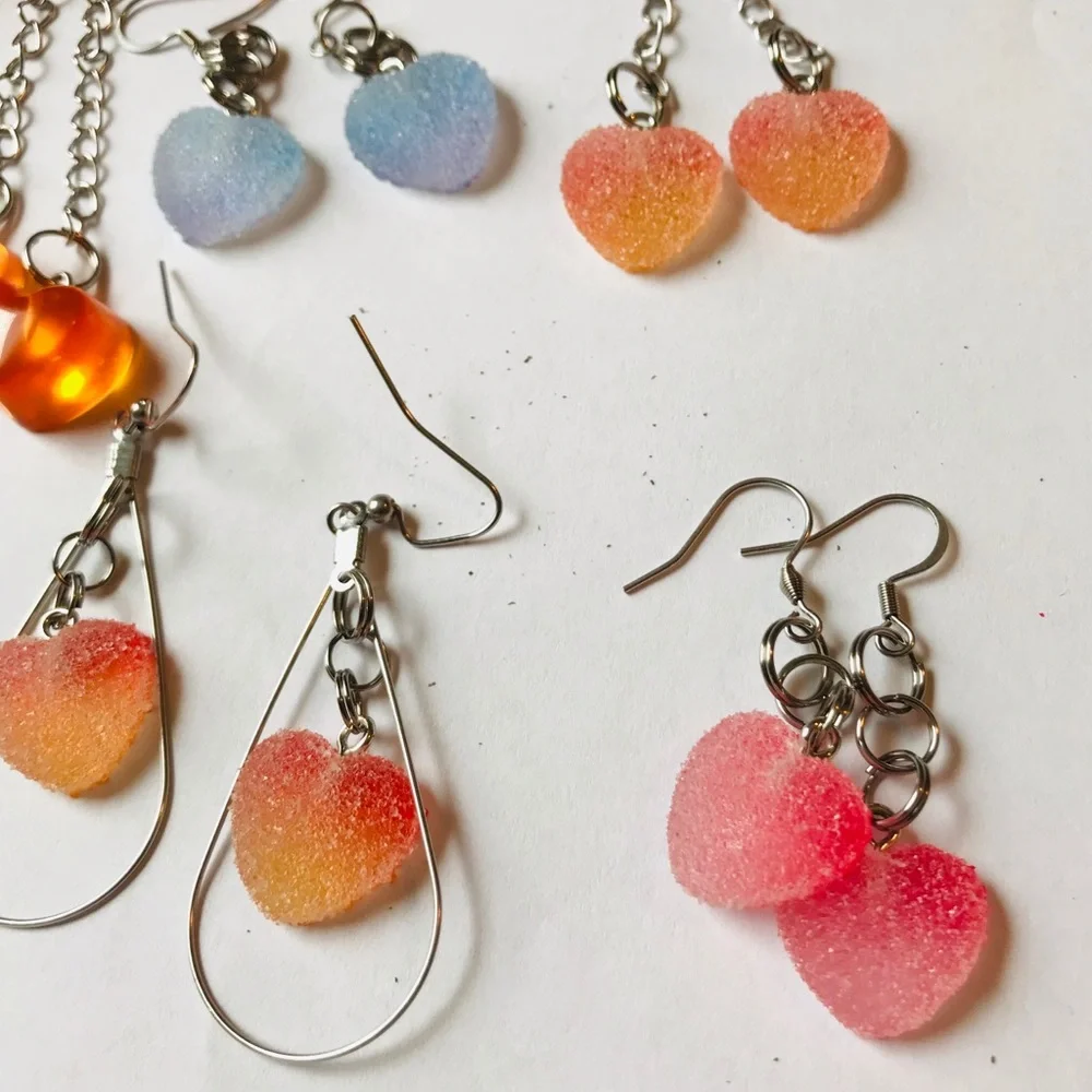 Blue Kawaii Candy Soft Gummy Heart Ombré Handmade Stainless Steel Earrings - Picture 10 of 15